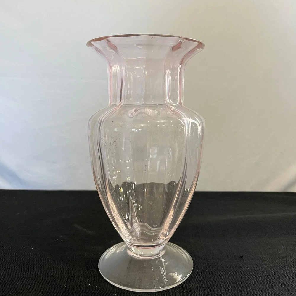 Vintage Pink Ribbed Glass Vase Fluted Scalloped Rim Pedestal Urn 10 Inch Decor